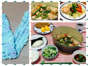秋鮭と野菜の炒め蒸し・たい焼き・指編みマフラー