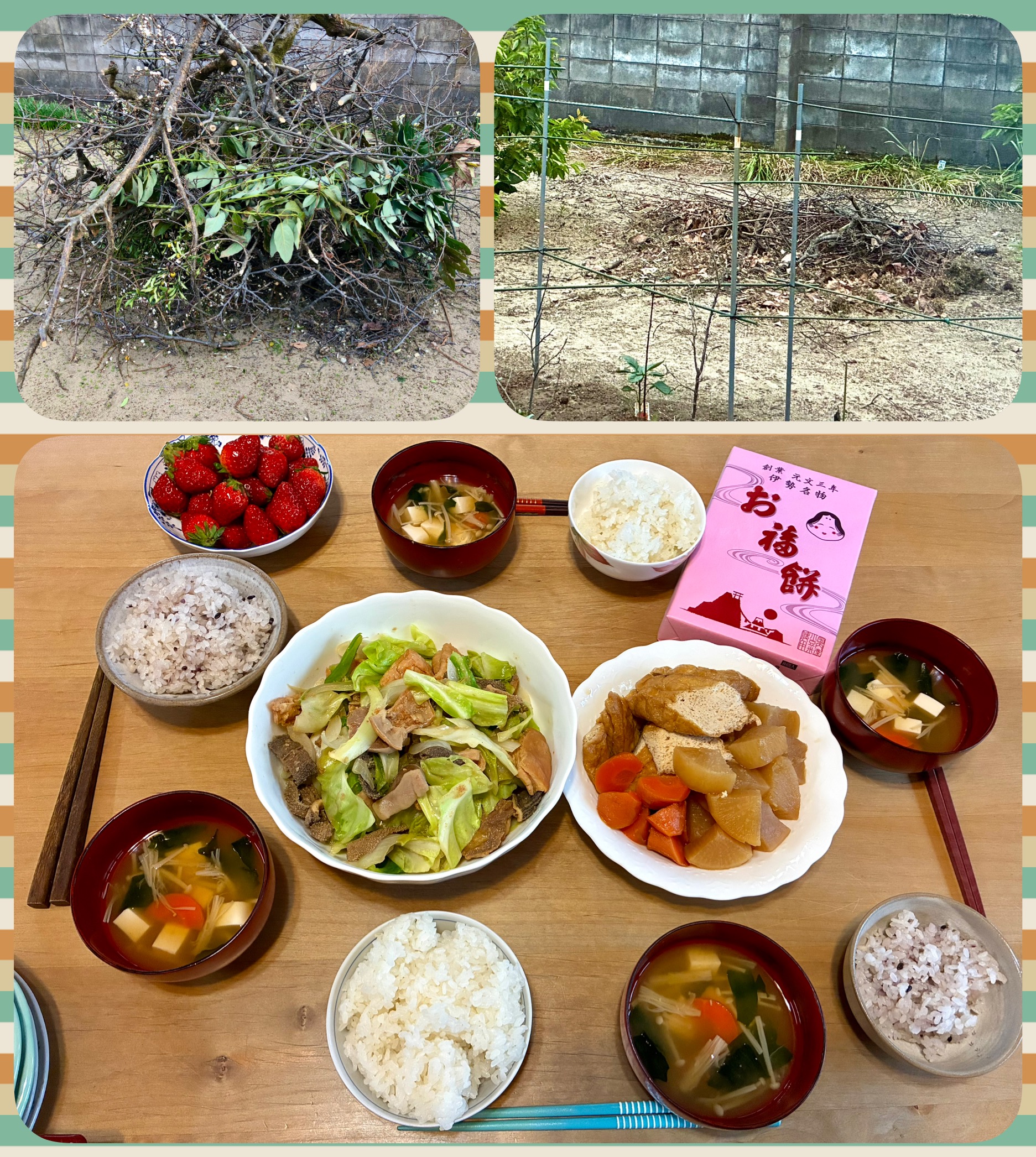 庭に山積みの枝を